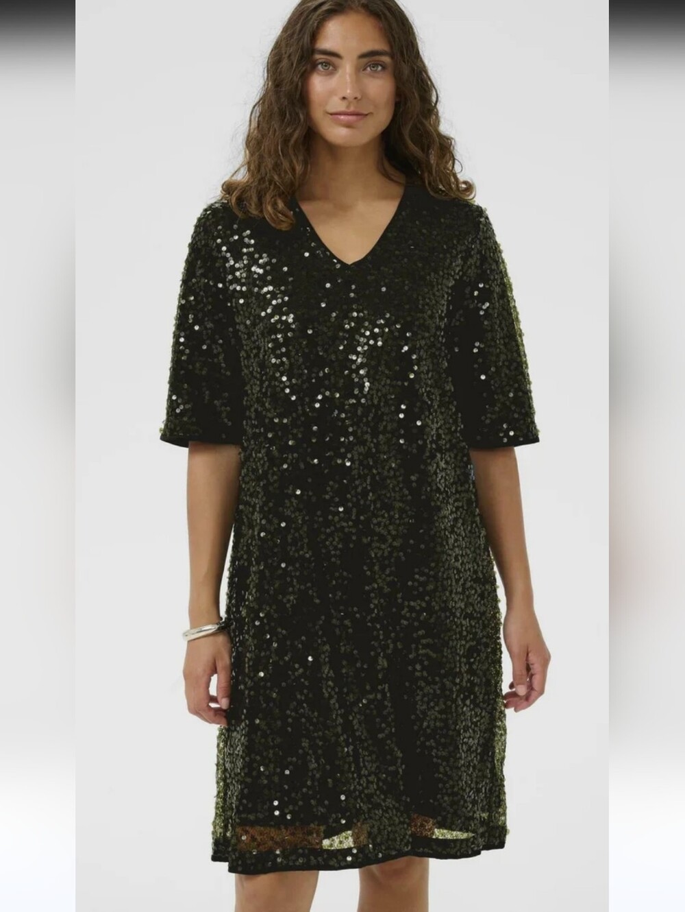 Culture Cumelia Sequin V-Neck Shift Dress in Olive Night
